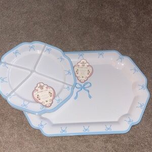 Blue and White Bow Serving Tray + 4 plates